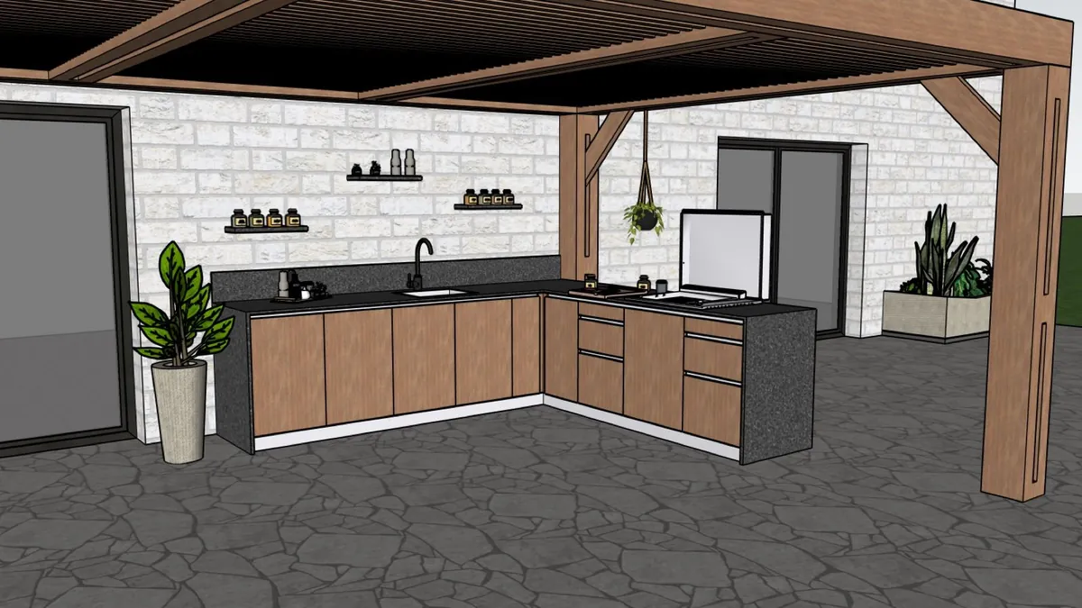 Maquette SketchUp d'une cuisine extérieure sous pergola