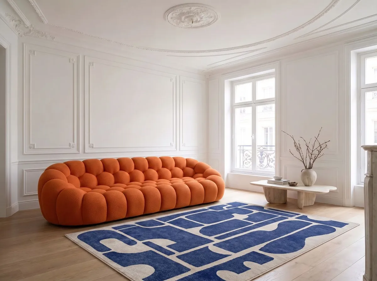 Le salon avec le tapis et le canapé exacts