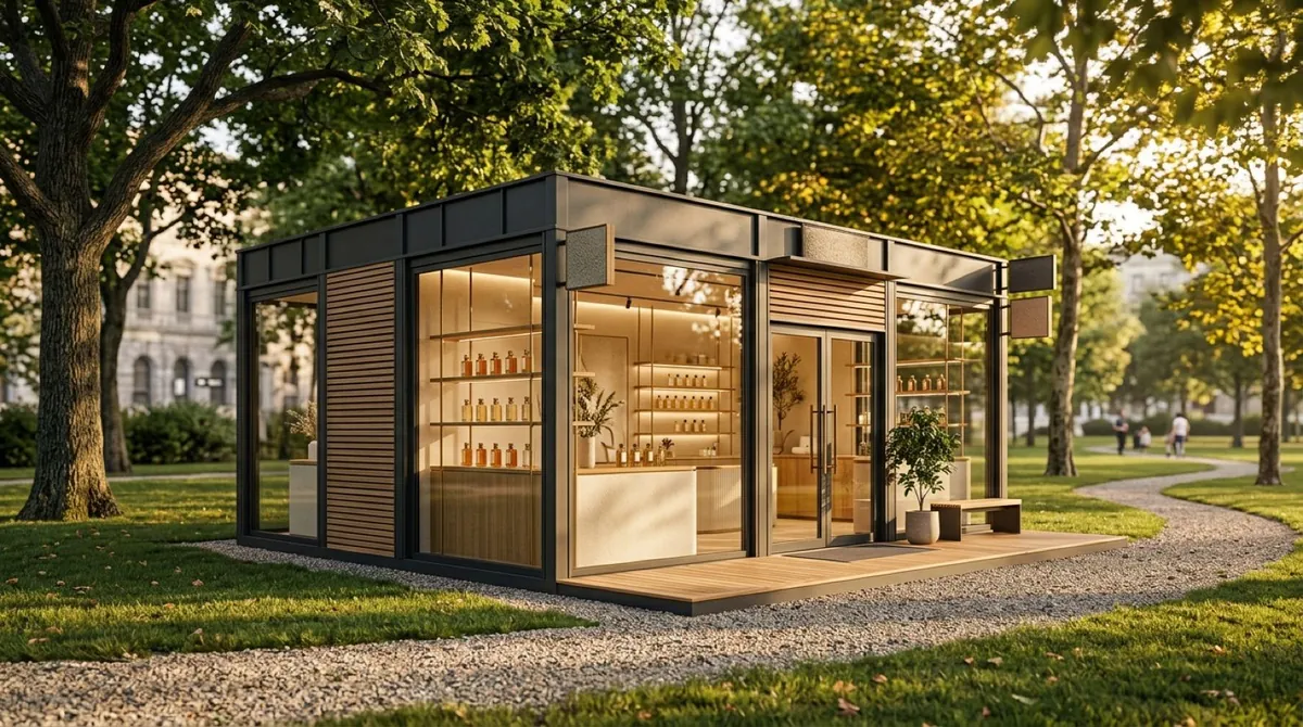 Rendu d'une boutique pavillon dans un jardin