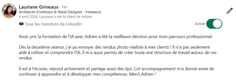 Capture de la recommandation LinkedIn de Lauriane Griveaux